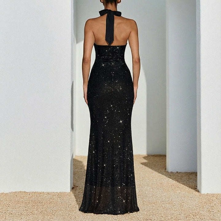 Sequined maxi dress with open back and tie - YAHEL