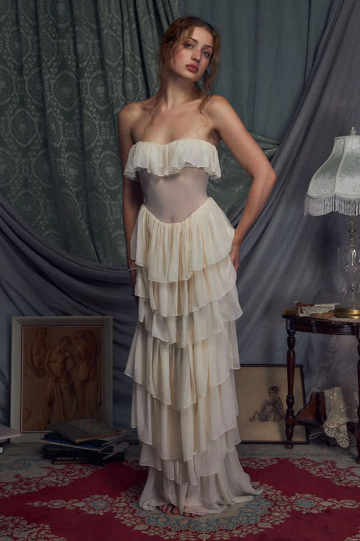 LINOR strapless ruffle mesh-design maxi dress with a corset