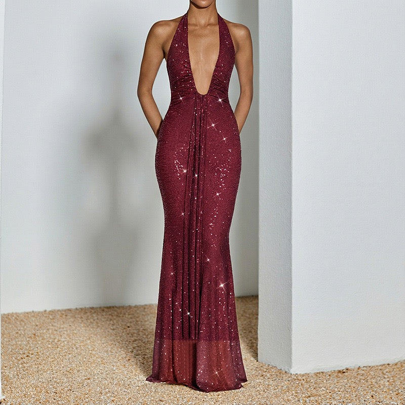 Sequined maxi dress with open back and tie - YAHEL