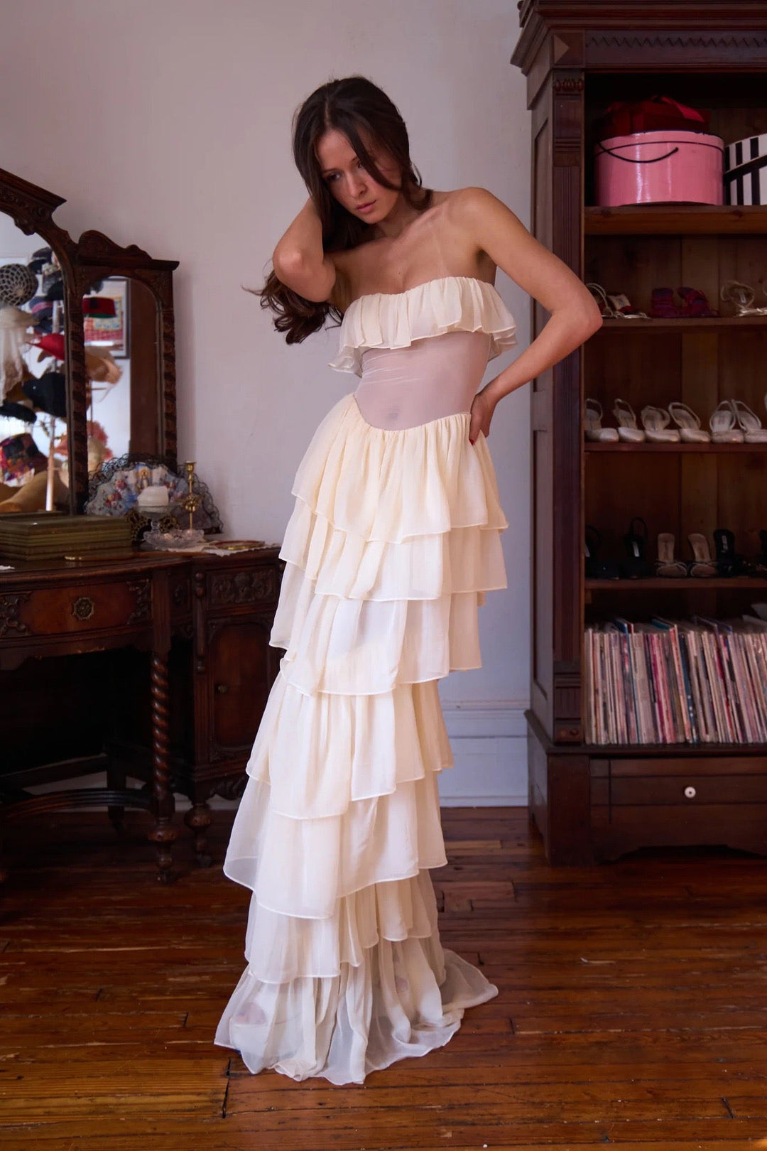 LINOR strapless ruffle mesh-design maxi dress with a corset