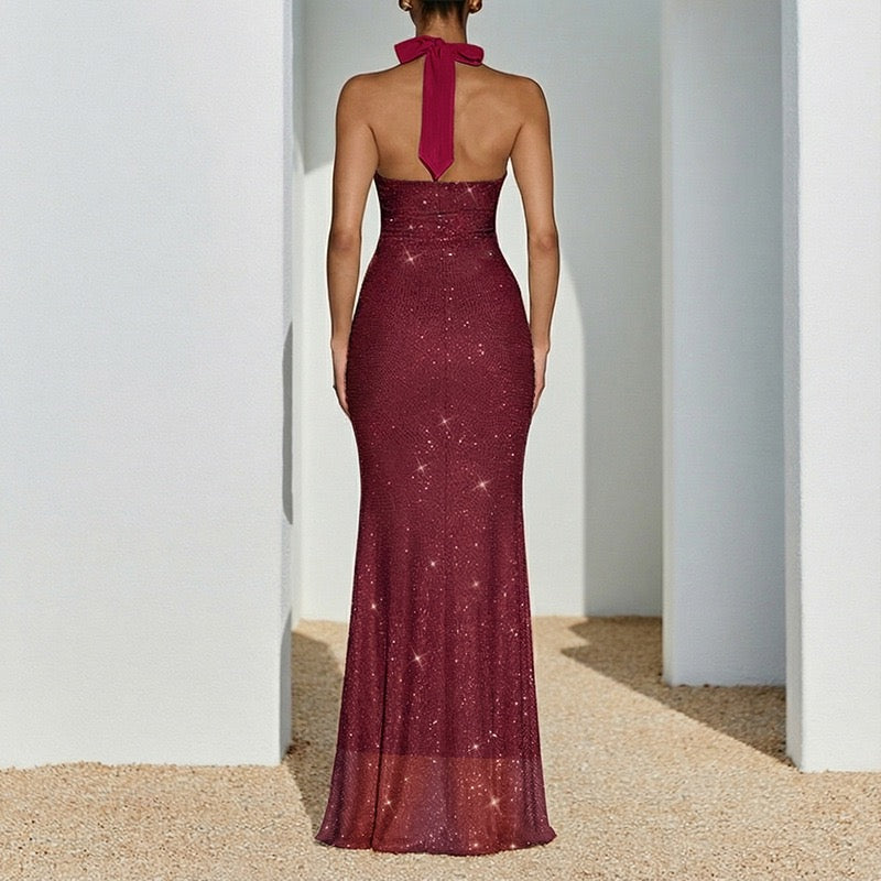 Sequined maxi dress with open back and tie - YAHEL
