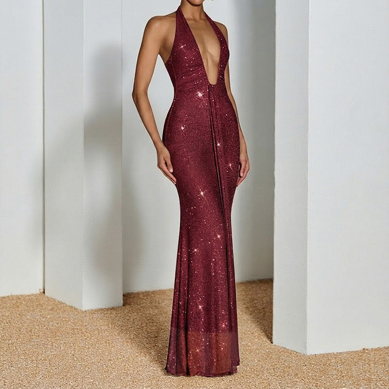Sequined maxi dress with open back and tie - YAHEL