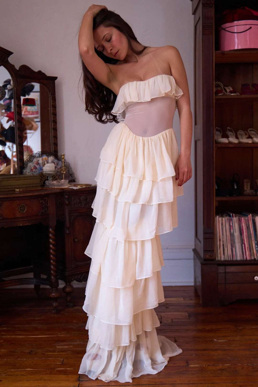 LINOR strapless ruffle mesh-design maxi dress with a corset