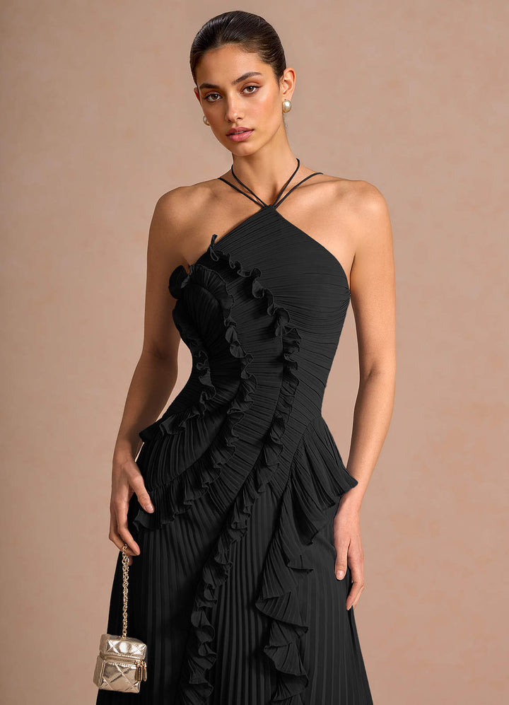 Larina elegant ruffle and pleated maxi dress