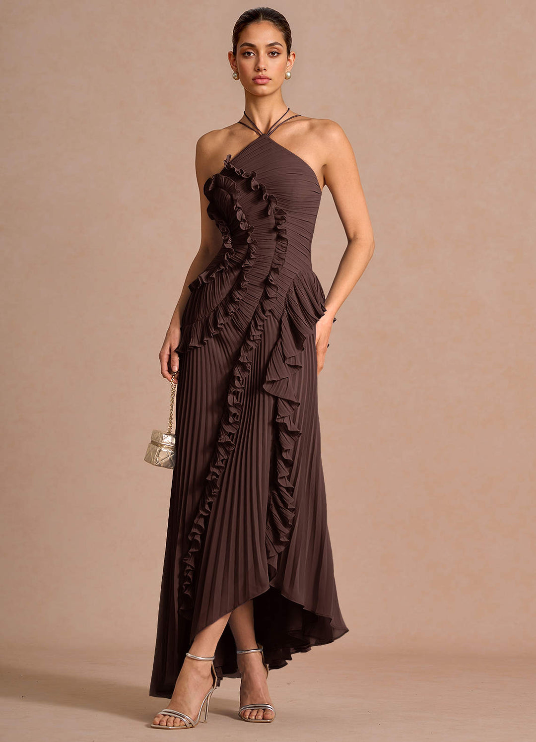 Larina elegant ruffle and pleated maxi dress