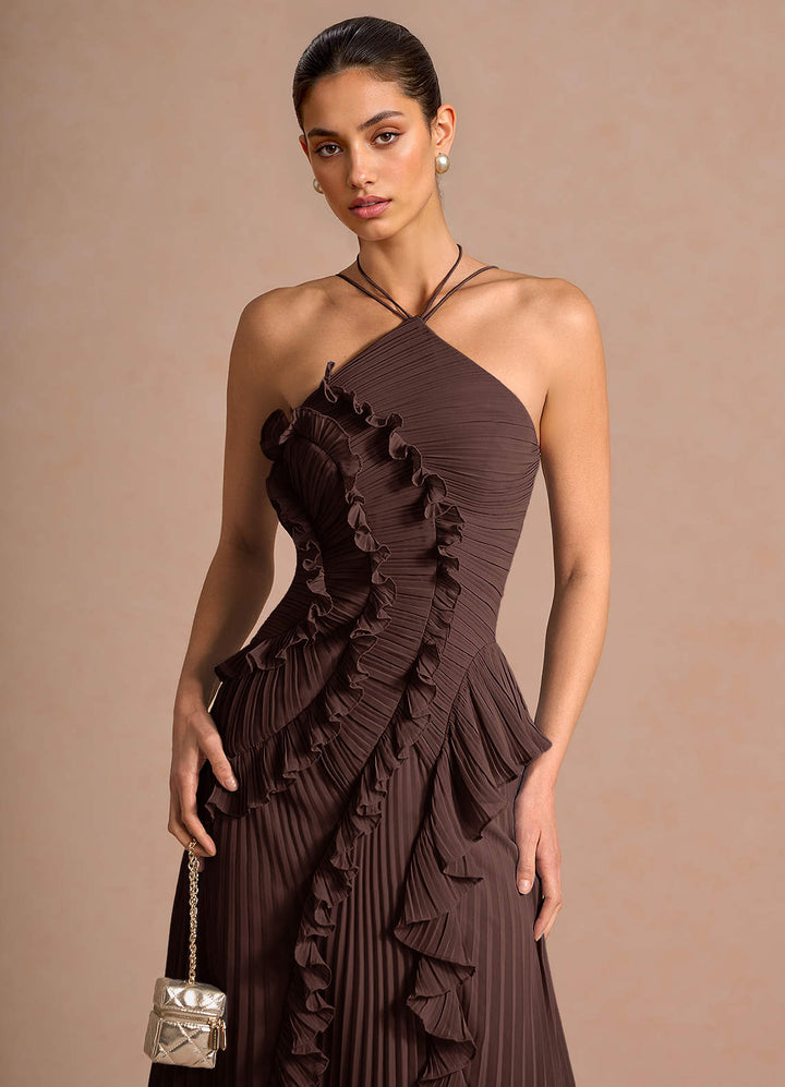 Larina elegant ruffle and pleated maxi dress