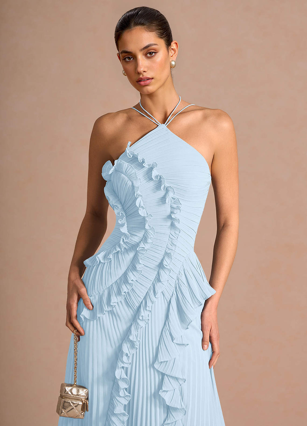 Larina elegant ruffle and pleated maxi dress