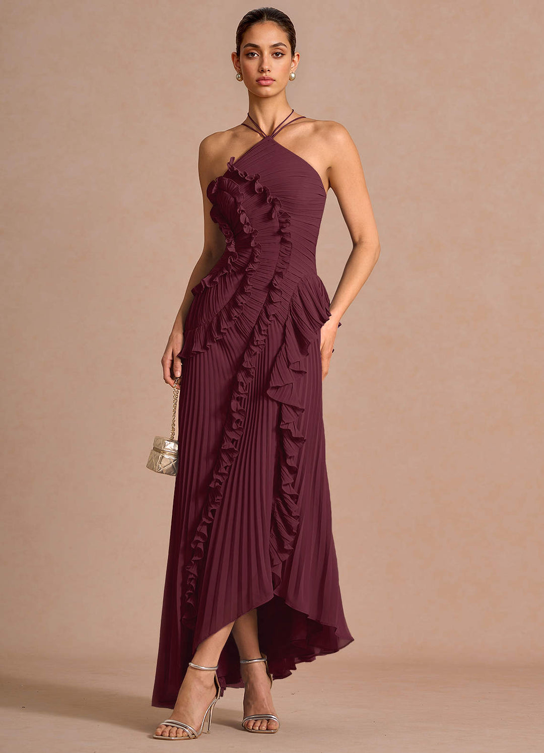 Larina elegant ruffle and pleated maxi dress
