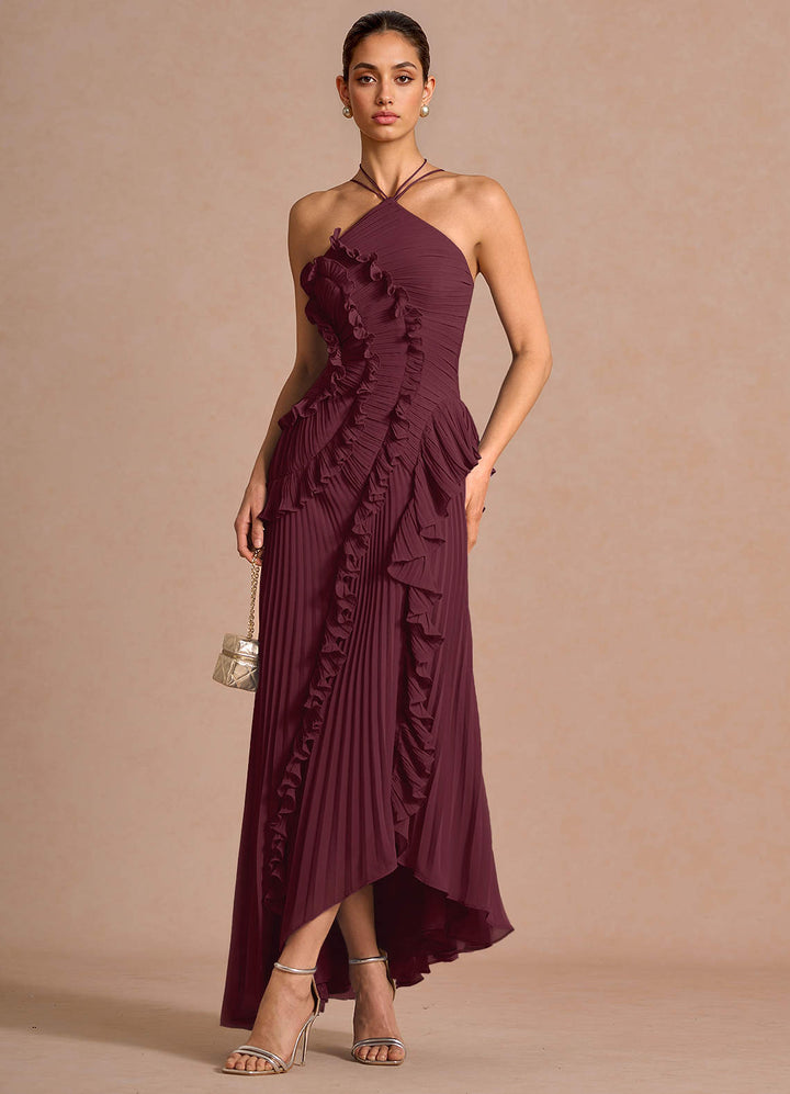 Larina elegant ruffle and pleated maxi dress