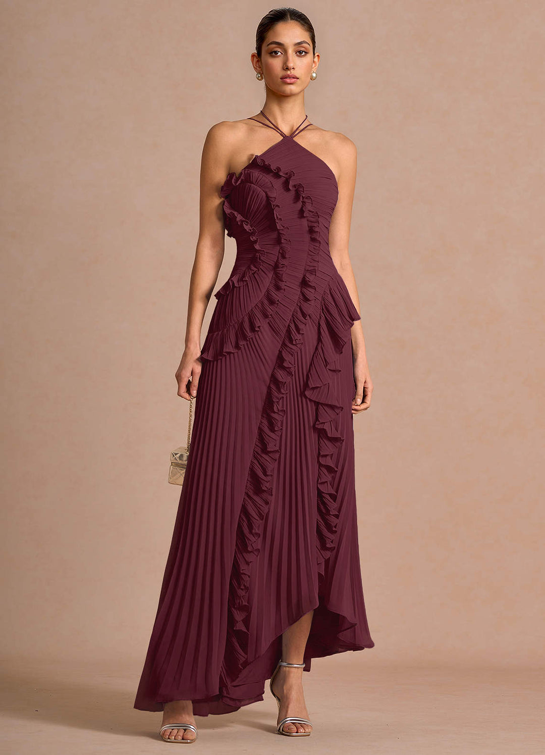 Larina elegant ruffle and pleated maxi dress