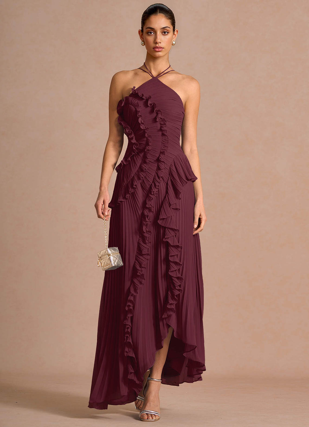 Larina elegant ruffle and pleated maxi dress