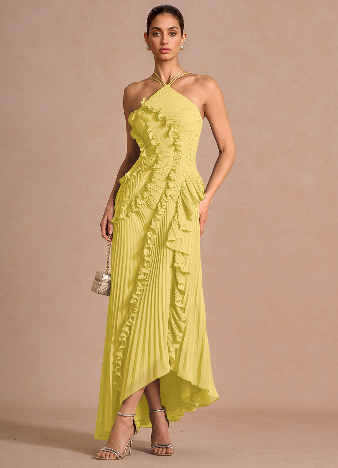 Larina elegant ruffle and pleated maxi dress