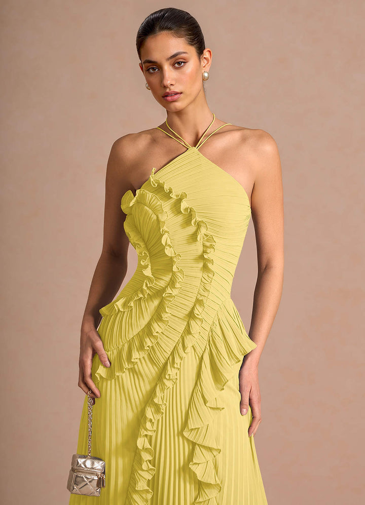 Larina elegant ruffle and pleated maxi dress