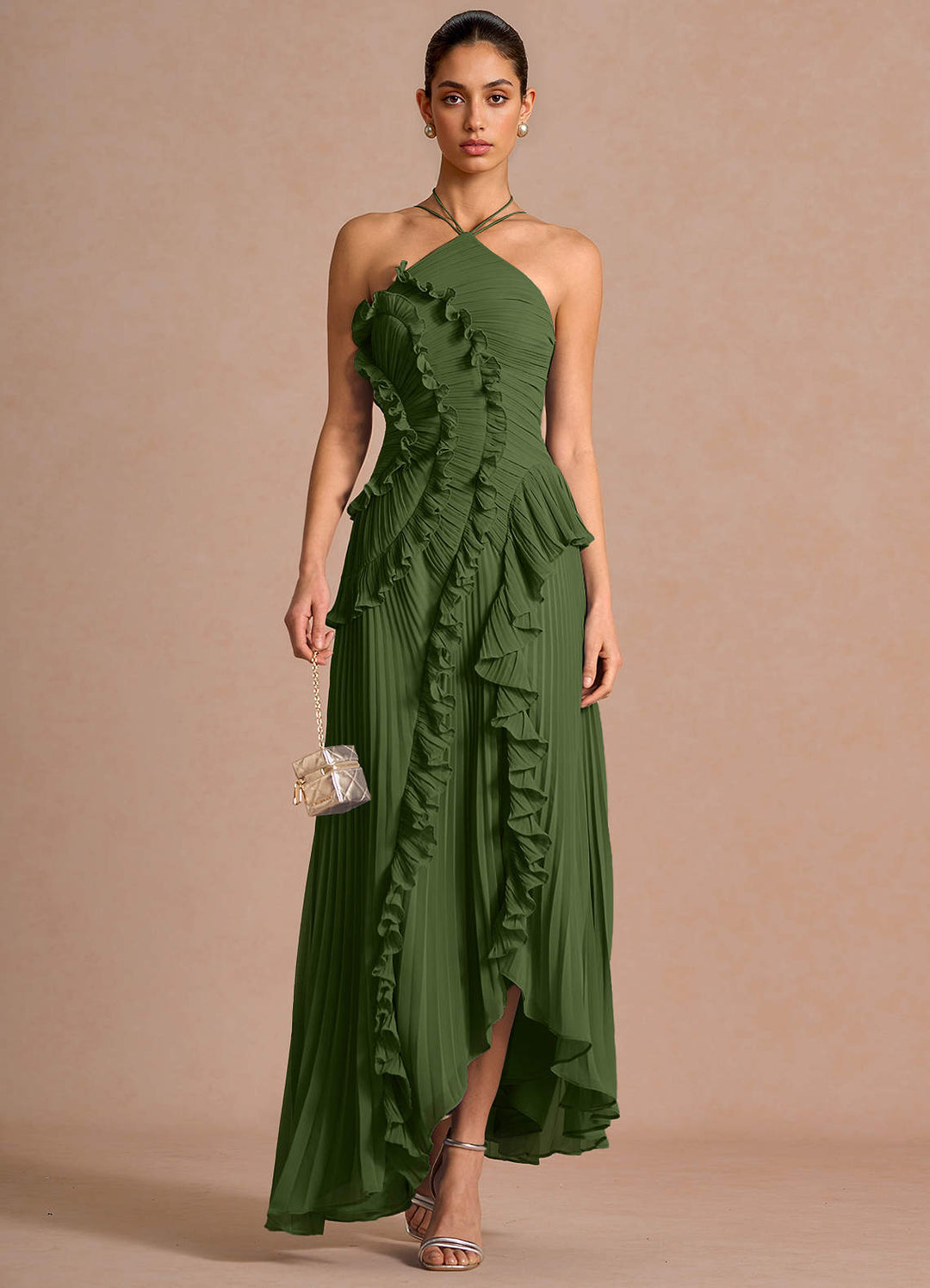 Larina elegant ruffle and pleated maxi dress