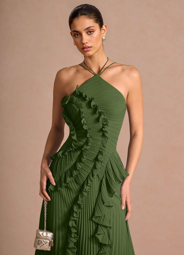 Larina elegant ruffle and pleated maxi dress