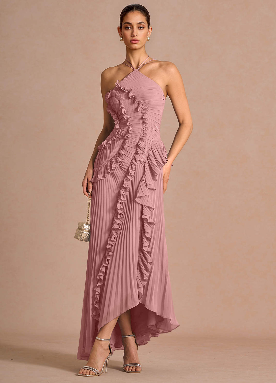 Larina elegant ruffle and pleated maxi dress