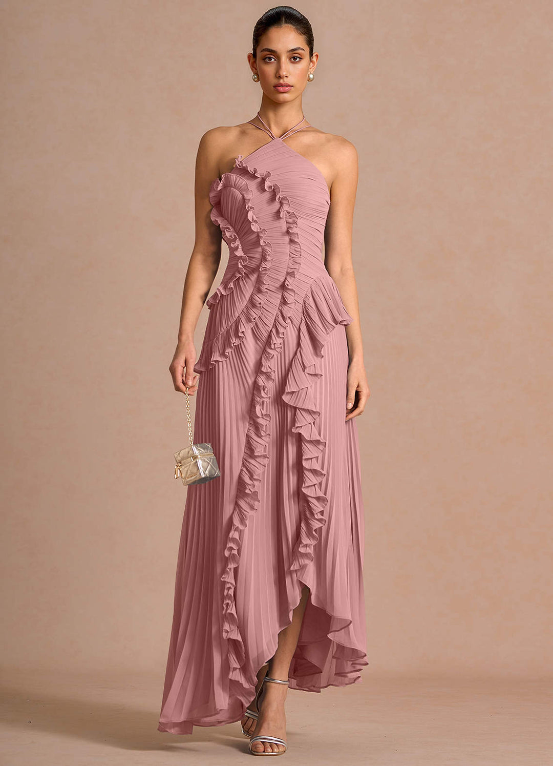 Larina elegant ruffle and pleated maxi dress