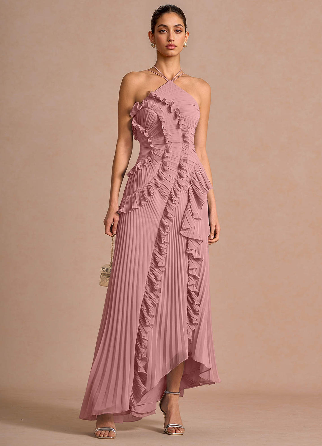 Larina elegant ruffle and pleated maxi dress