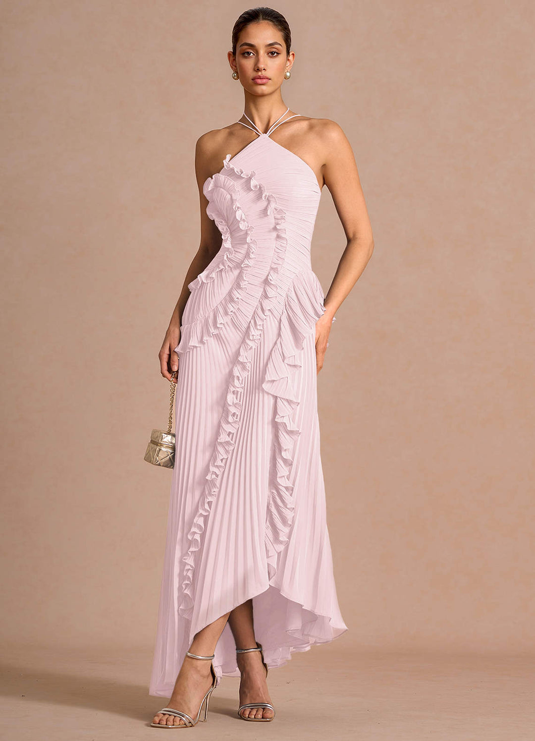 Larina elegant ruffle and pleated maxi dress