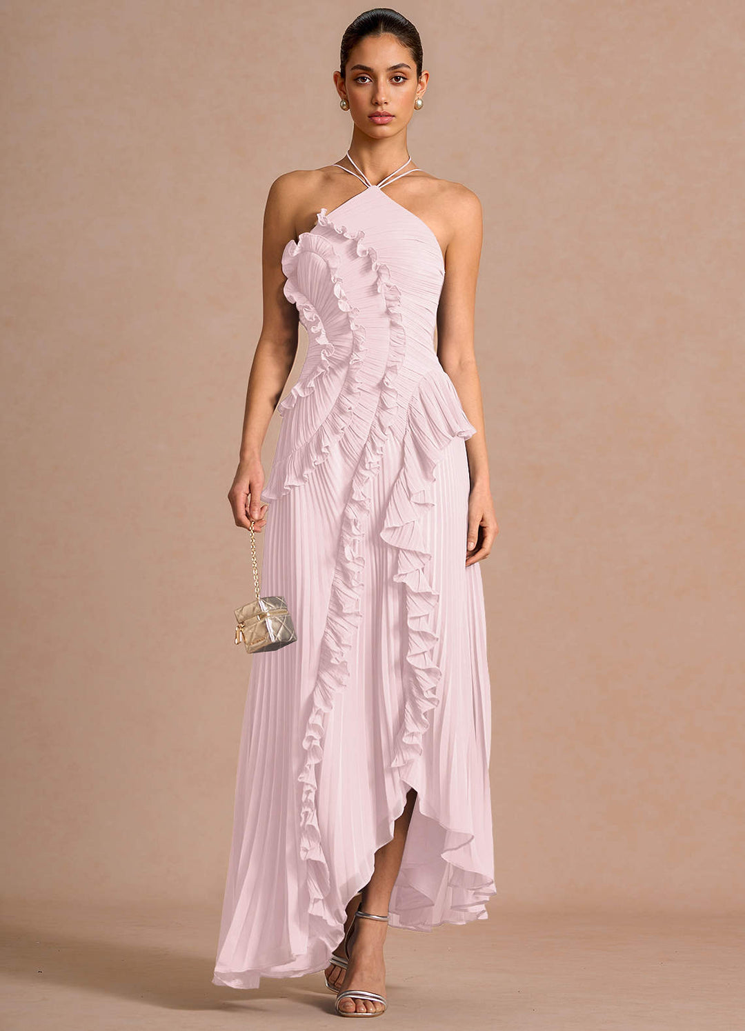 Larina elegant ruffle and pleated maxi dress