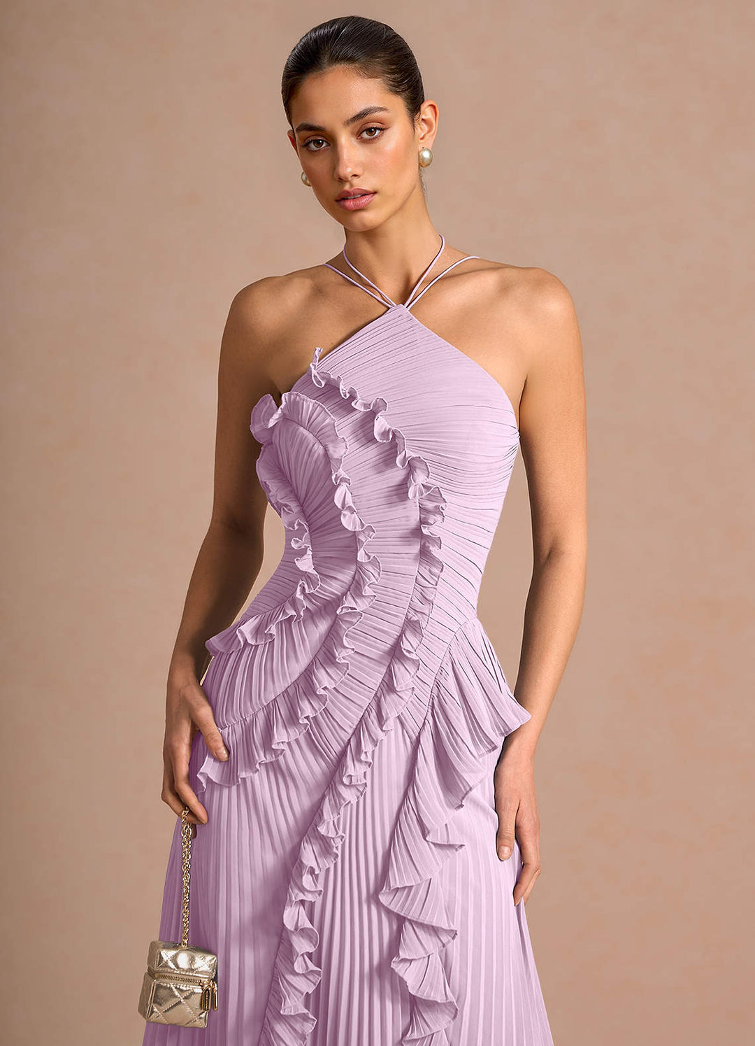 Larina elegant ruffle and pleated maxi dress