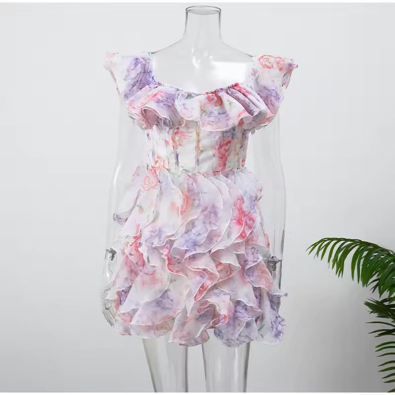 שמלת מיני מלמלה כתפיים חשופות בעיצוב פרחוני - ליסה