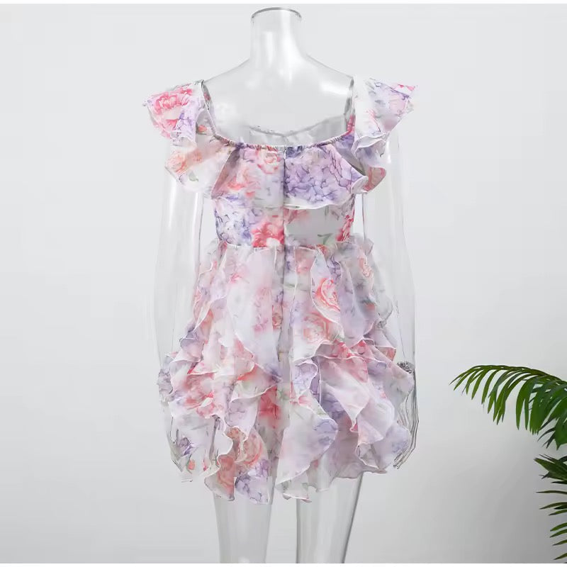 שמלת מיני מלמלה כתפיים חשופות בעיצוב פרחוני - ליסה