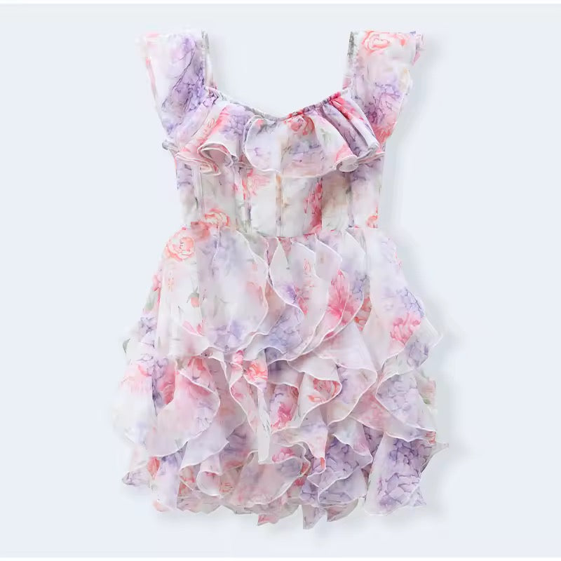 שמלת מיני מלמלה כתפיים חשופות בעיצוב פרחוני - ליסה