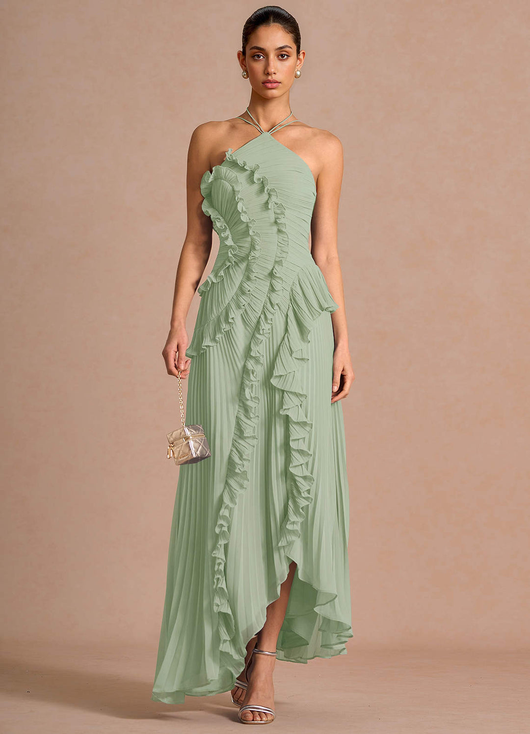 Larina elegant ruffle and pleated maxi dress