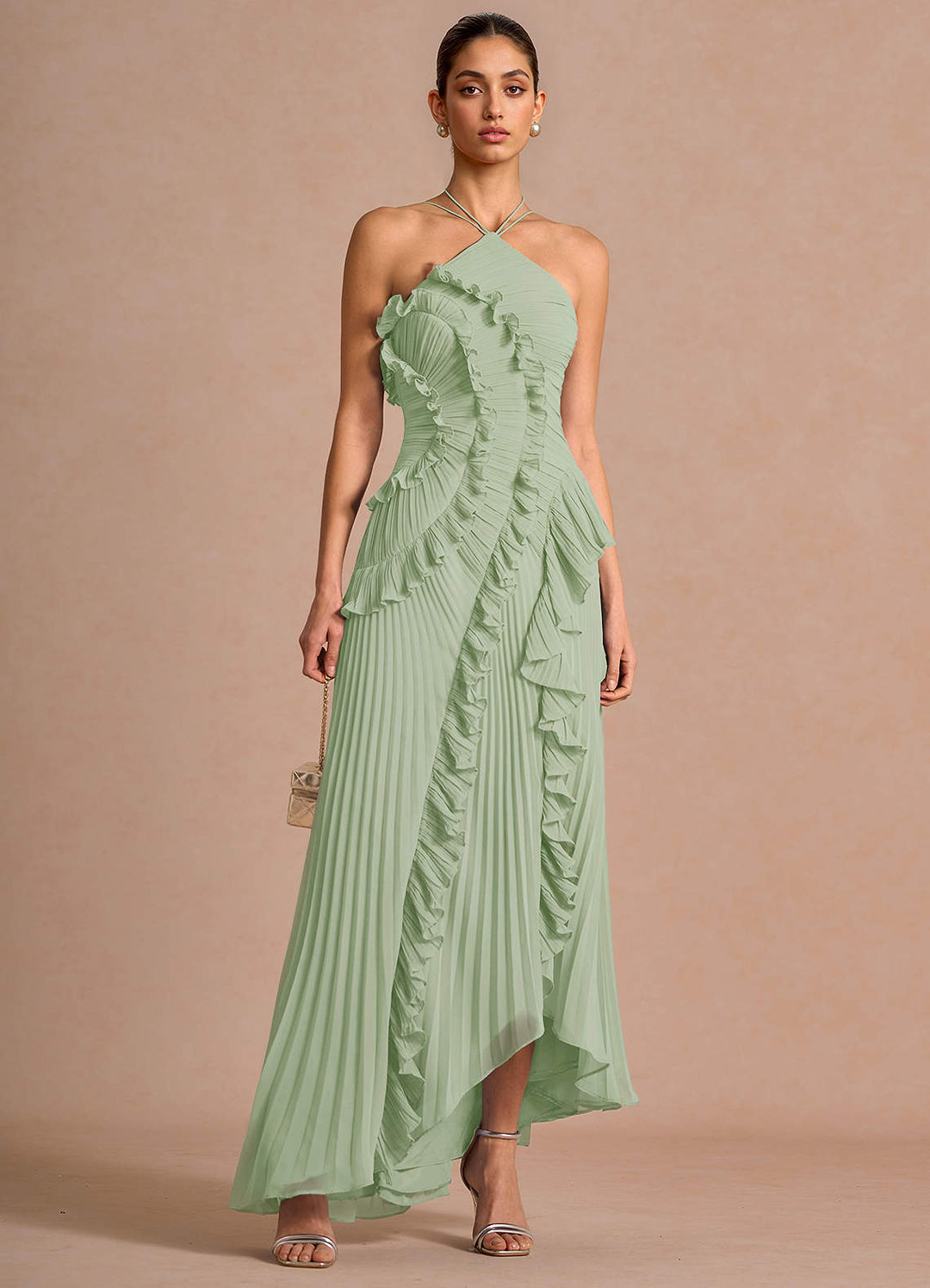 Larina elegant ruffle and pleated maxi dress