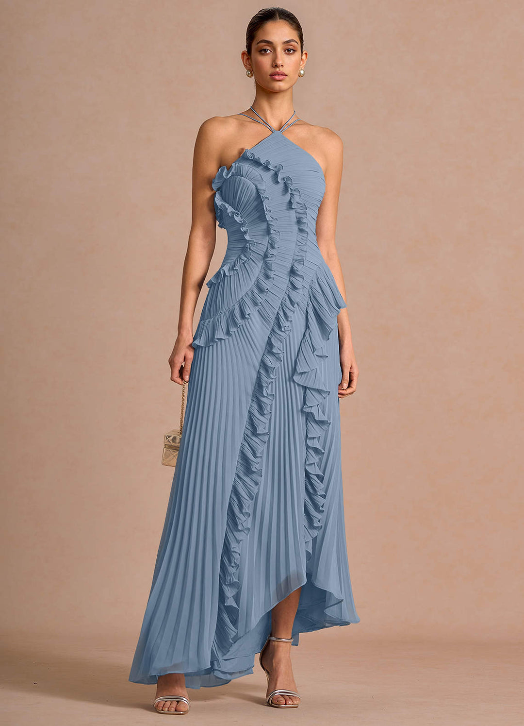 Larina elegant ruffle and pleated maxi dress