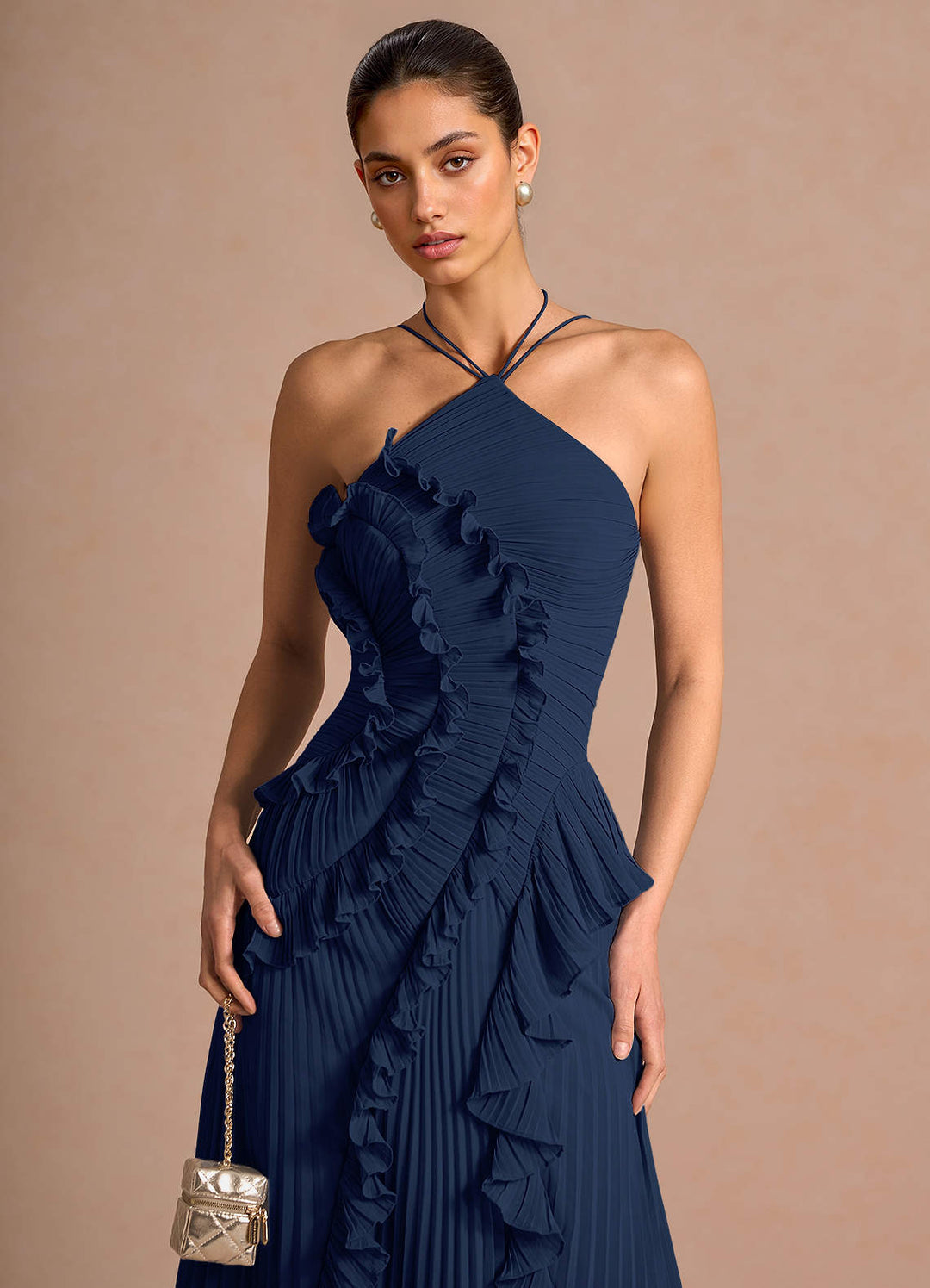 Larina elegant ruffle and pleated maxi dress