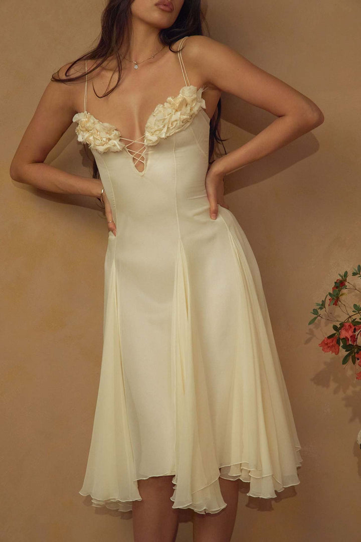 Lorraine 3D floral-design ruffle chiffon midi dress