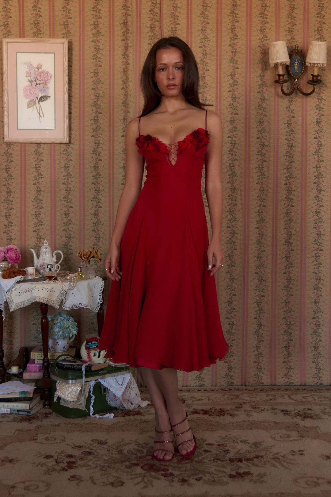 Lorraine 3D floral-design ruffle chiffon midi dress