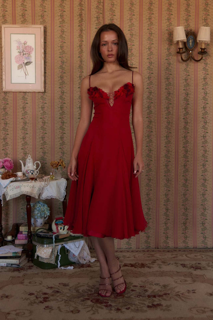 Lorraine 3D floral-design ruffle chiffon midi dress