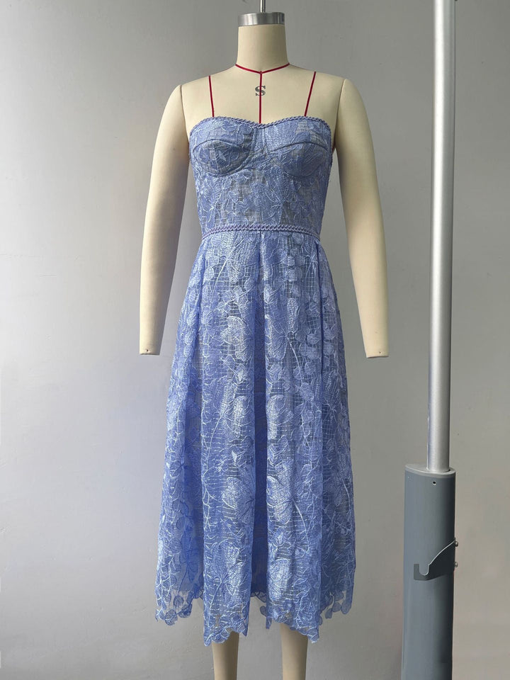 Rosalie strapless midi dress with a shiny floral embroidery design
