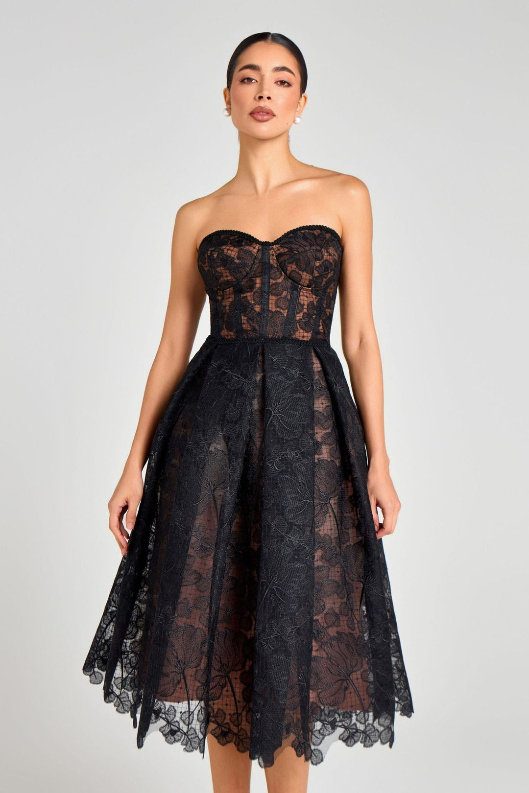 Rosalie strapless midi dress with a shiny floral embroidery design