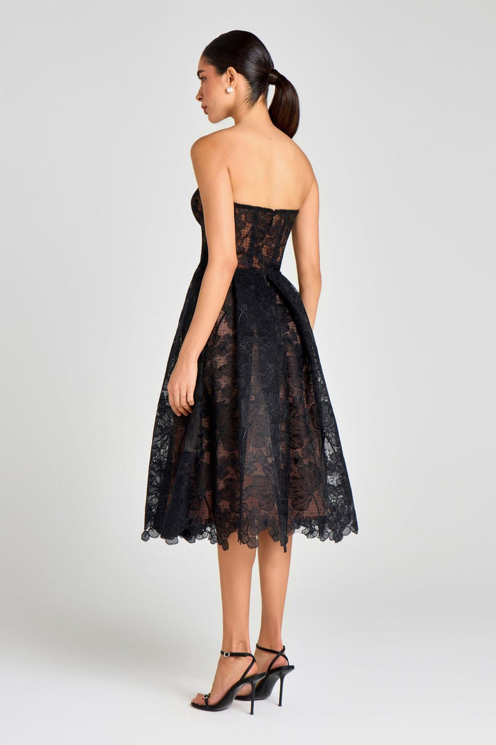 Rosalie strapless midi dress with a shiny floral embroidery design