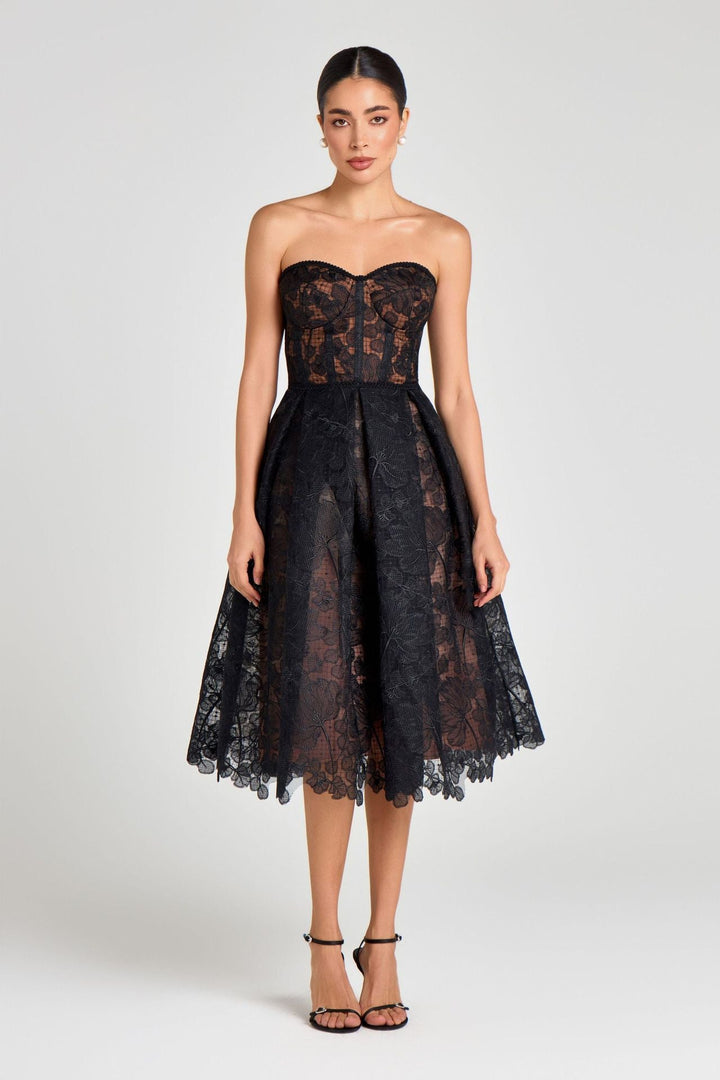 Rosalie strapless midi dress with a shiny floral embroidery design