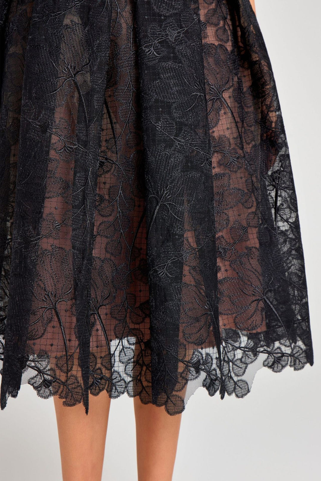 Rosalie strapless midi dress with a shiny floral embroidery design