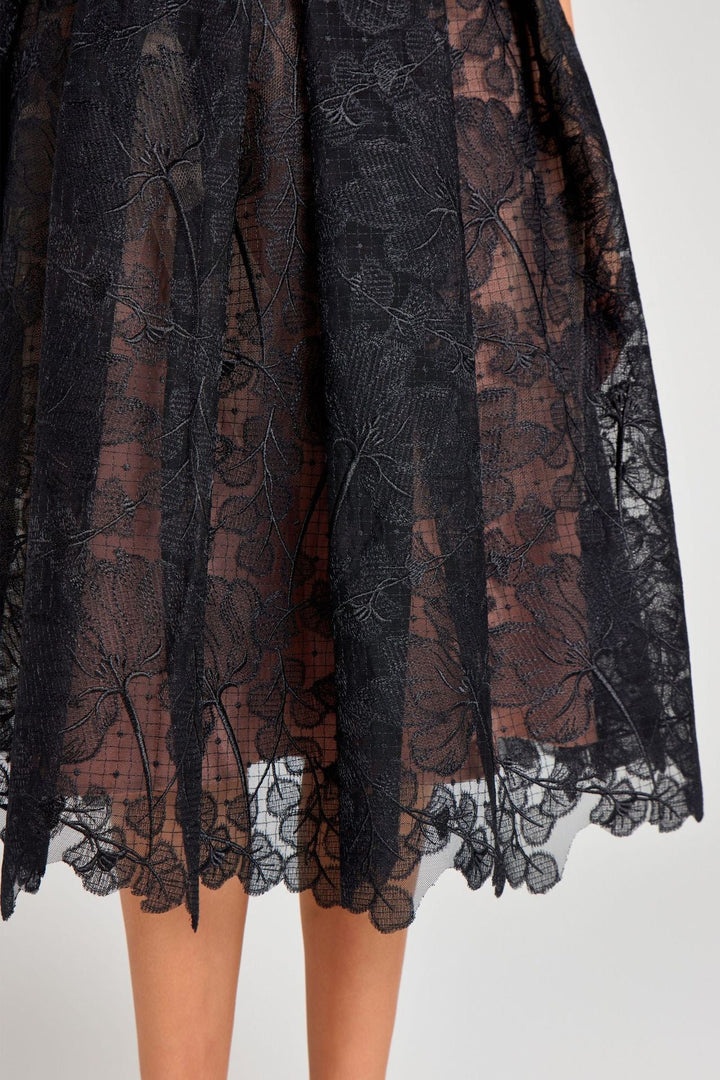 Rosalie strapless midi dress with a shiny floral embroidery design