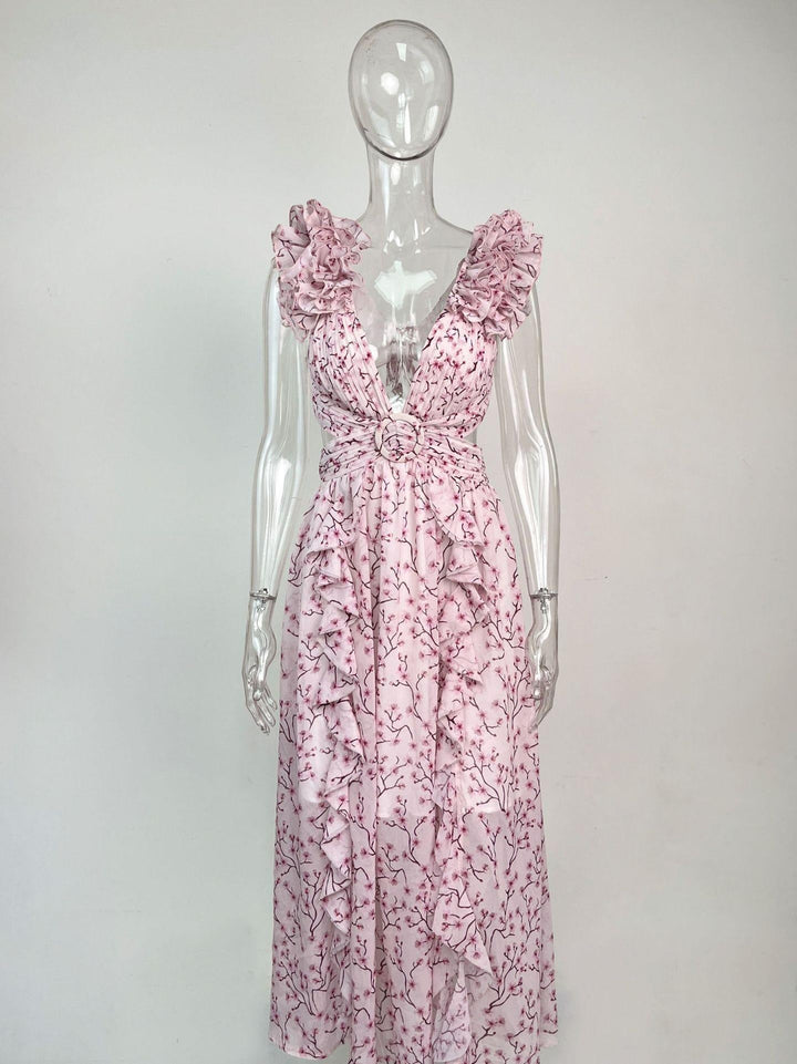 Boho-chic floral ruffle maxi dress with a slit and belt – Hali
