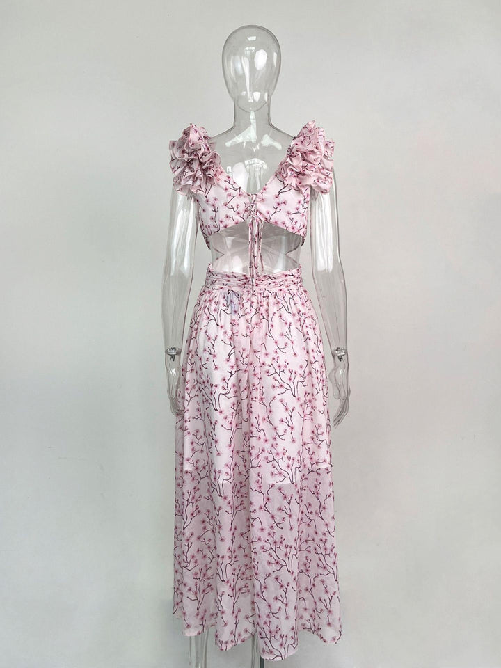 Boho-chic floral ruffle maxi dress with a slit and belt – Hali