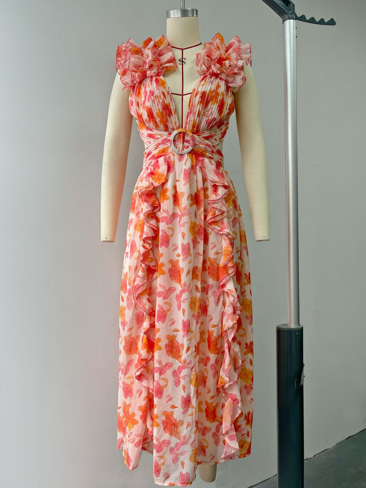 Boho-chic floral ruffle maxi dress with a slit and belt – Hali