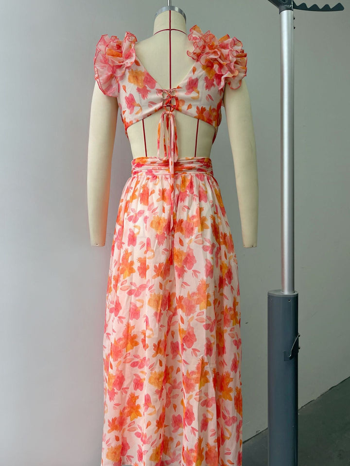 Boho-chic floral ruffle maxi dress with a slit and belt – Hali