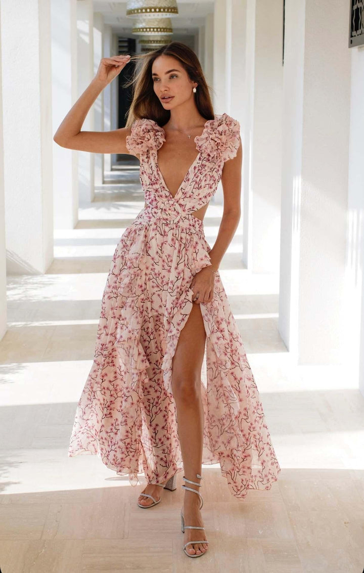 Boho-chic floral ruffle maxi dress with a slit and belt – Hali