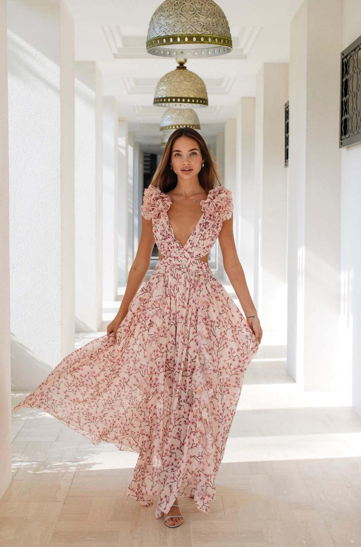 Boho-chic floral ruffle maxi dress with a slit and belt – Hali