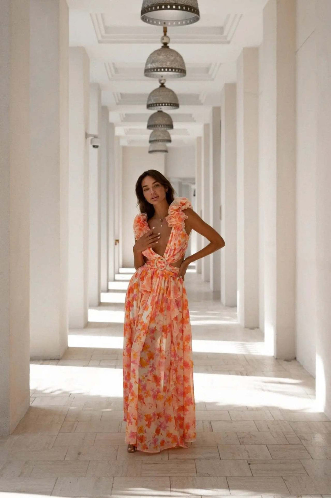 Boho-chic floral ruffle maxi dress with a slit and belt – Hali