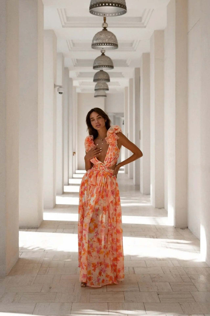 Boho-chic floral ruffle maxi dress with a slit and belt – Hali