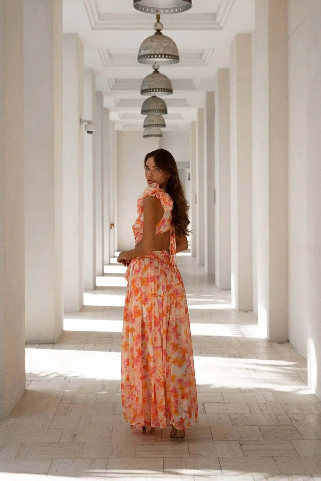 Boho-chic floral ruffle maxi dress with a slit and belt – Hali